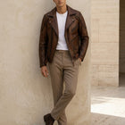 Taj Heritage Vintage Cognac Quilted-Shoulder Biker Jacket