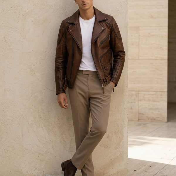 Taj Heritage Vintage Cognac Quilted-Shoulder Biker Jacket