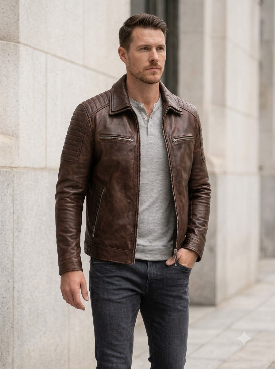 Taj Heritage Dakota Antique Brown Ribbed Moto Jacket