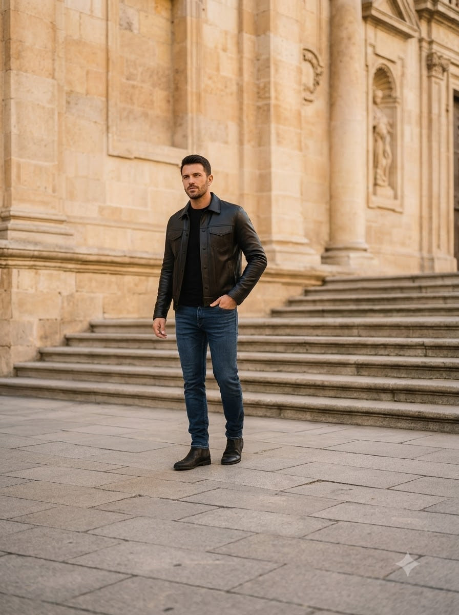 Taj Bespoke Chelsea Black Waxed Leather Utility Jacket