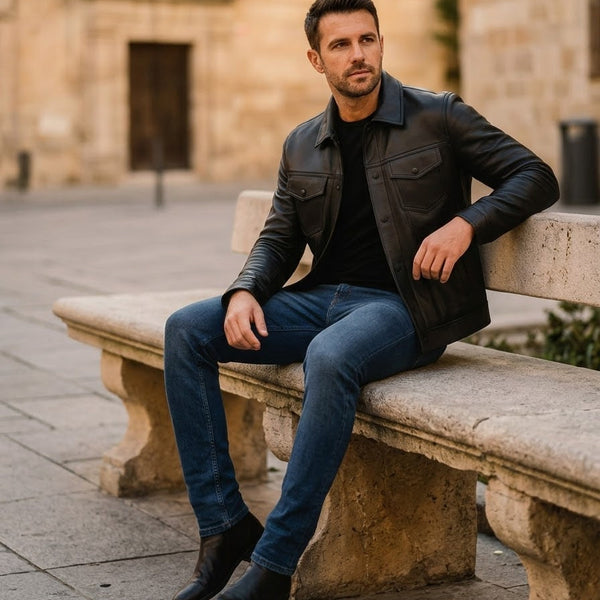 Taj Bespoke Chelsea Black Waxed Leather Utility Jacket Close-up 2