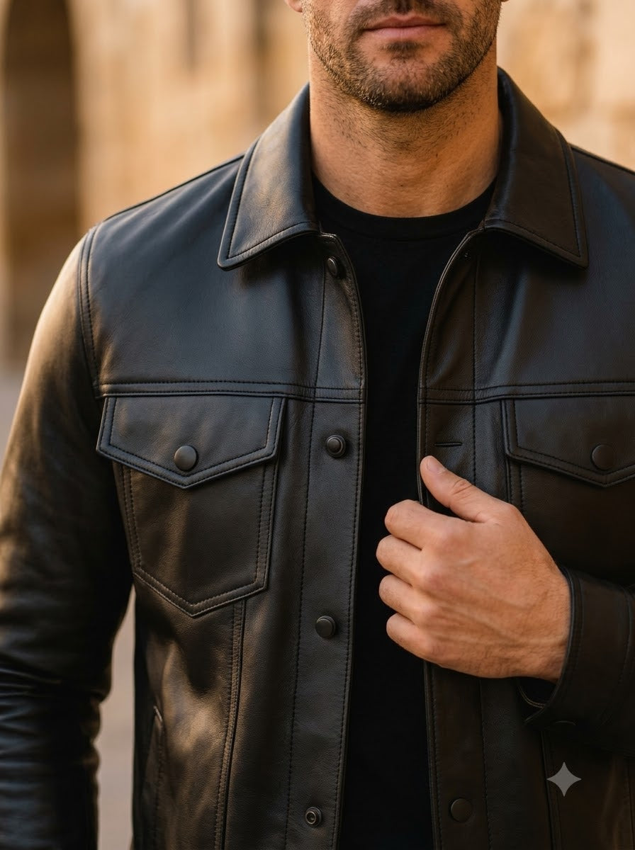 Taj Bespoke Chelsea Black Waxed Leather Utility Jacket