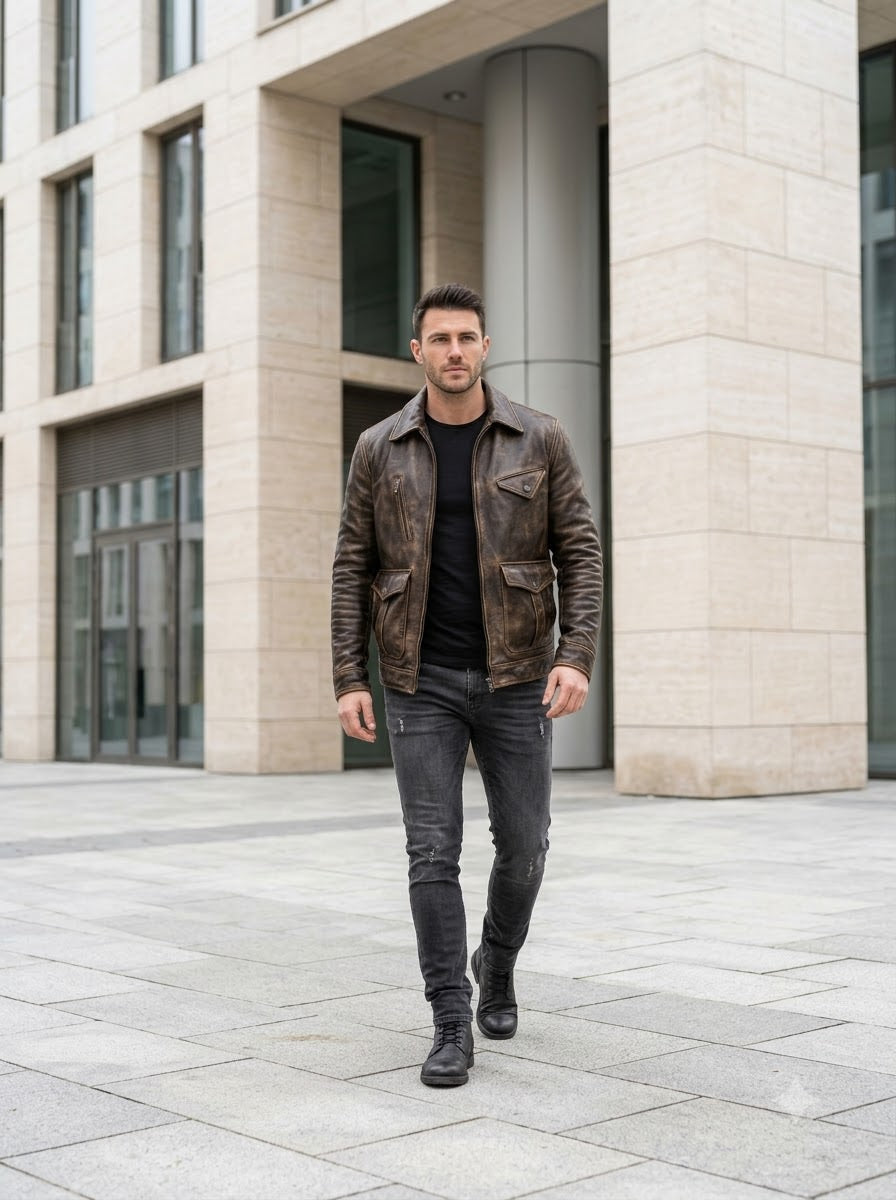 Taj Heritage Outlaw Distressed Brown Leather Moto Jacket