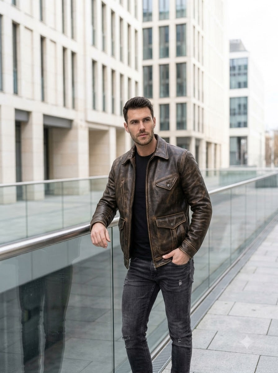 Taj Heritage Outlaw Distressed Brown Leather Moto Jacket