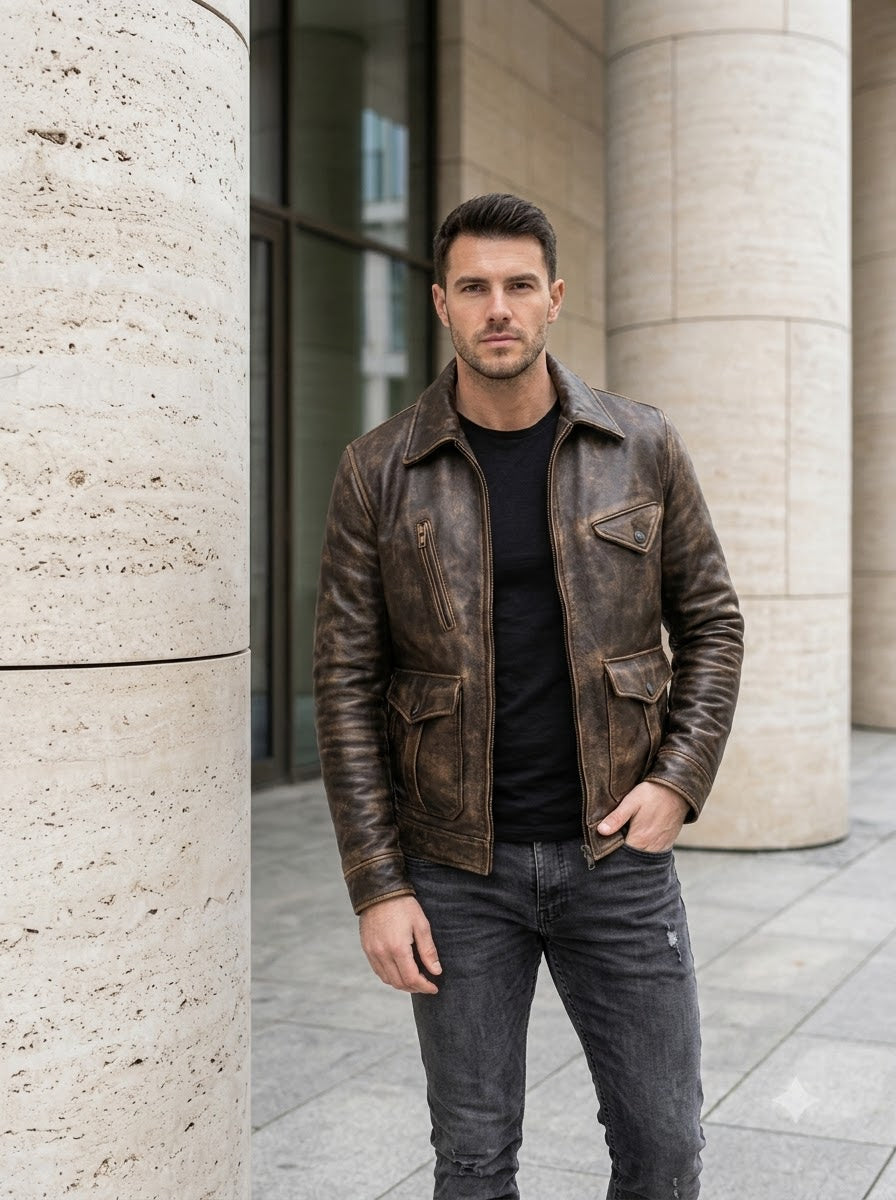 Taj Heritage Outlaw Distressed Brown Leather Moto Jacket