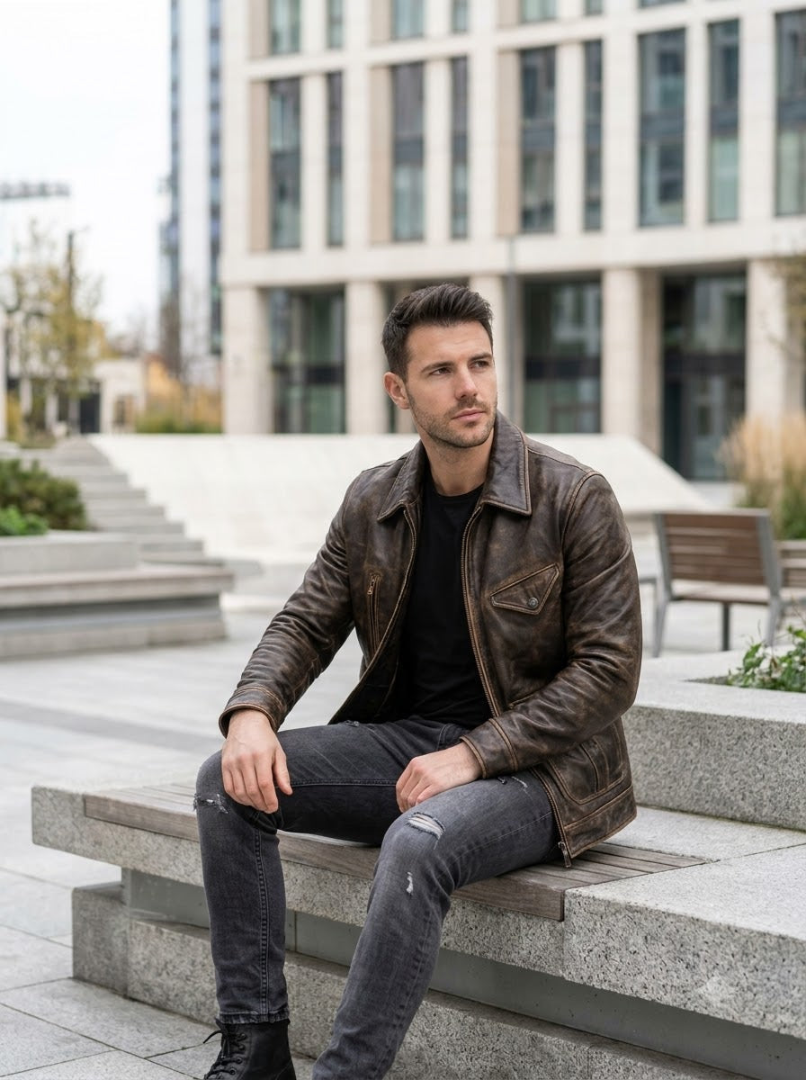 Taj Heritage Outlaw Distressed Brown Leather Moto Jacket