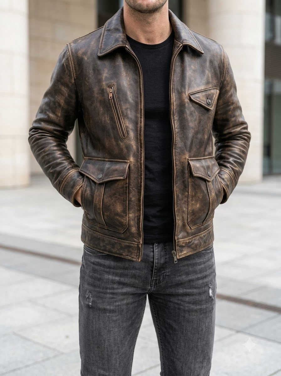 Taj Heritage Rawhide Distressed Brown Utility Leather Jacket