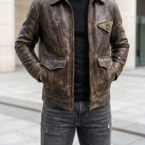 Taj Heritage Rawhide Distressed Brown Utility Leather Jacket Close-up 1