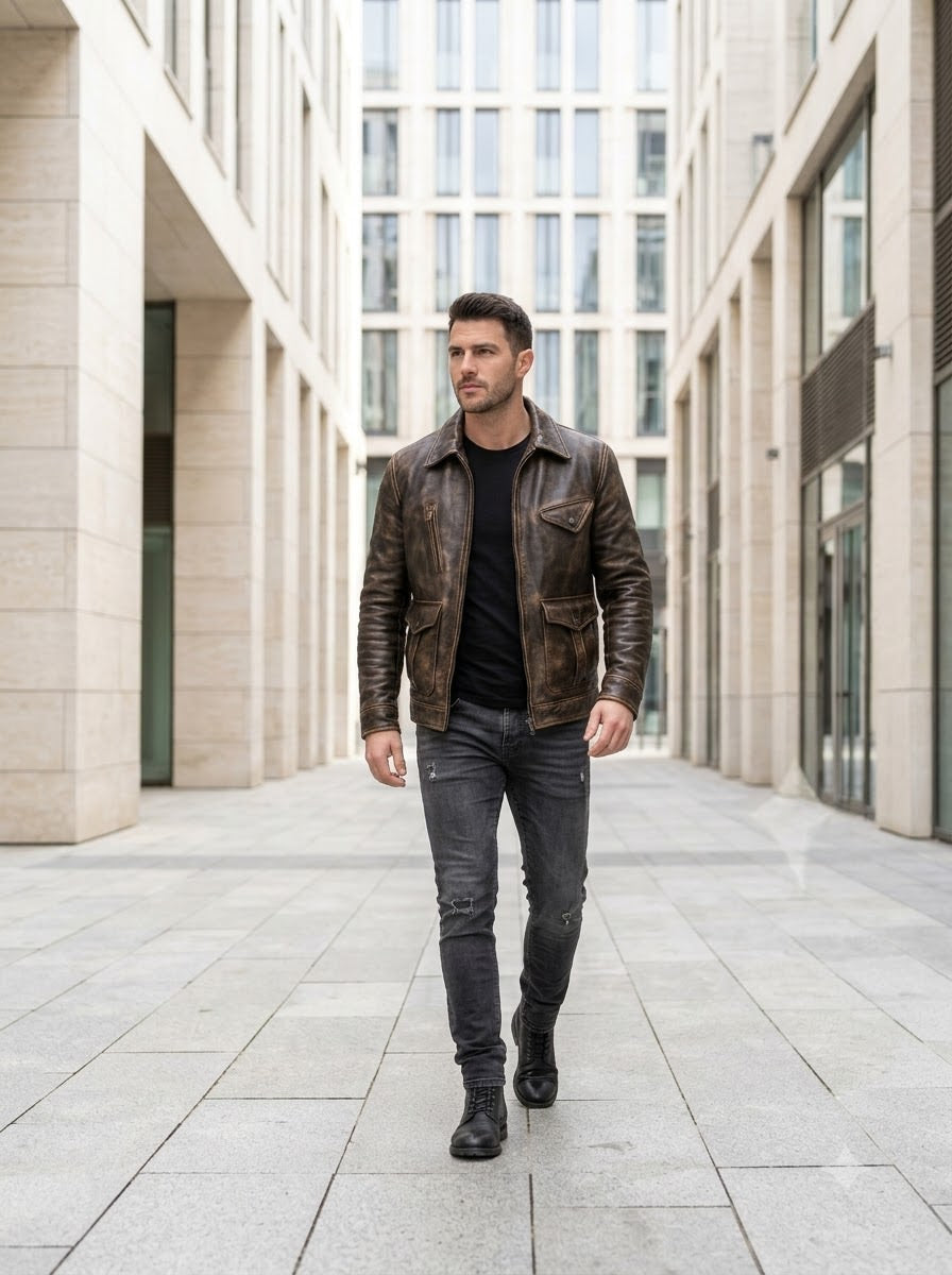 Taj Heritage Rawhide Distressed Brown Utility Leather Jacket
