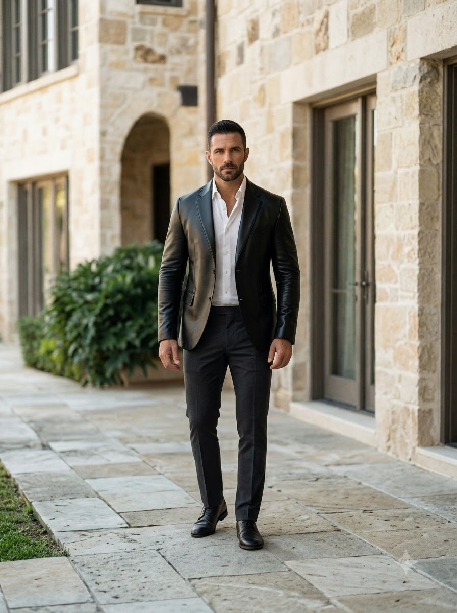 Taj Bespoke Sartorial Black Nappa Leather Two-Button Blazer