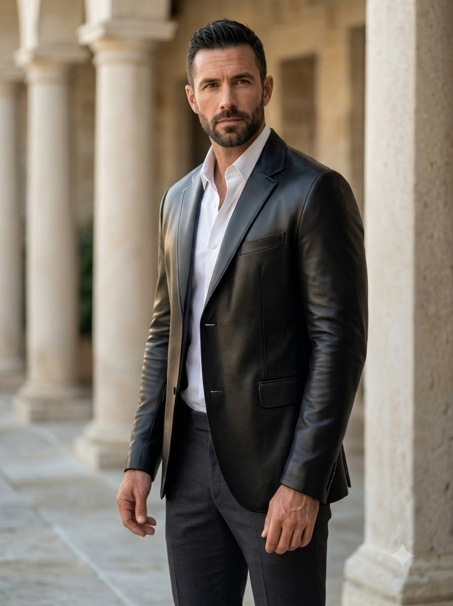 Taj Bespoke Sartorial Black Nappa Leather Two-Button Blazer
