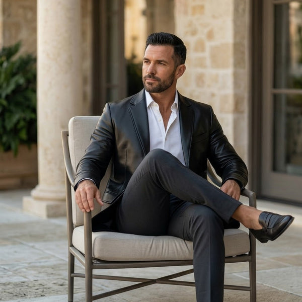 Taj Bespoke Sartorial Black Nappa Leather Two-Button Blazer Close-up 3
