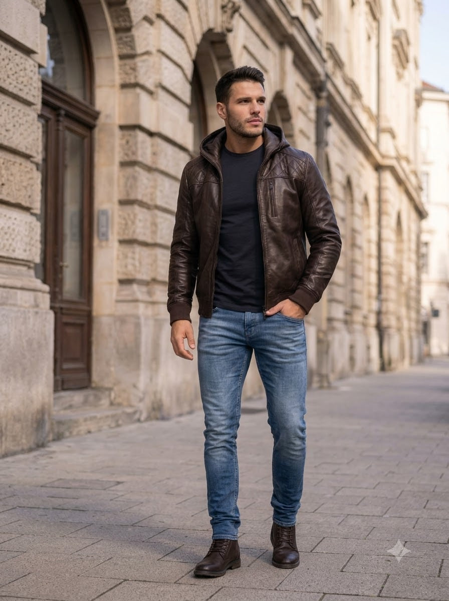 Taj Heritage Urban Explorer Hooded Brown Leather Jacket