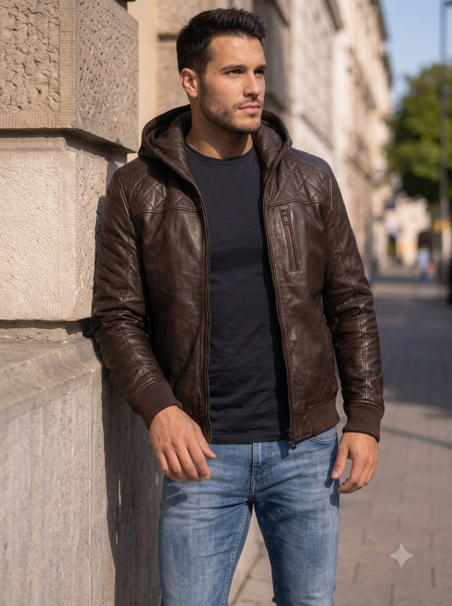 Taj Heritage Urban Explorer Hooded Brown Leather Jacket