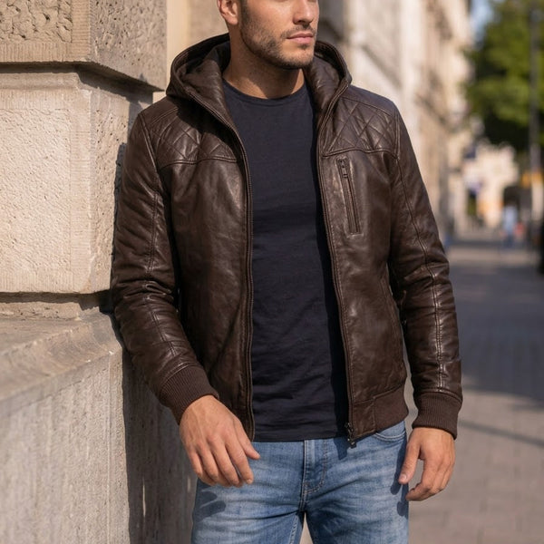 Taj Heritage Urban Explorer Hooded Brown Leather Jacket Close-up 1