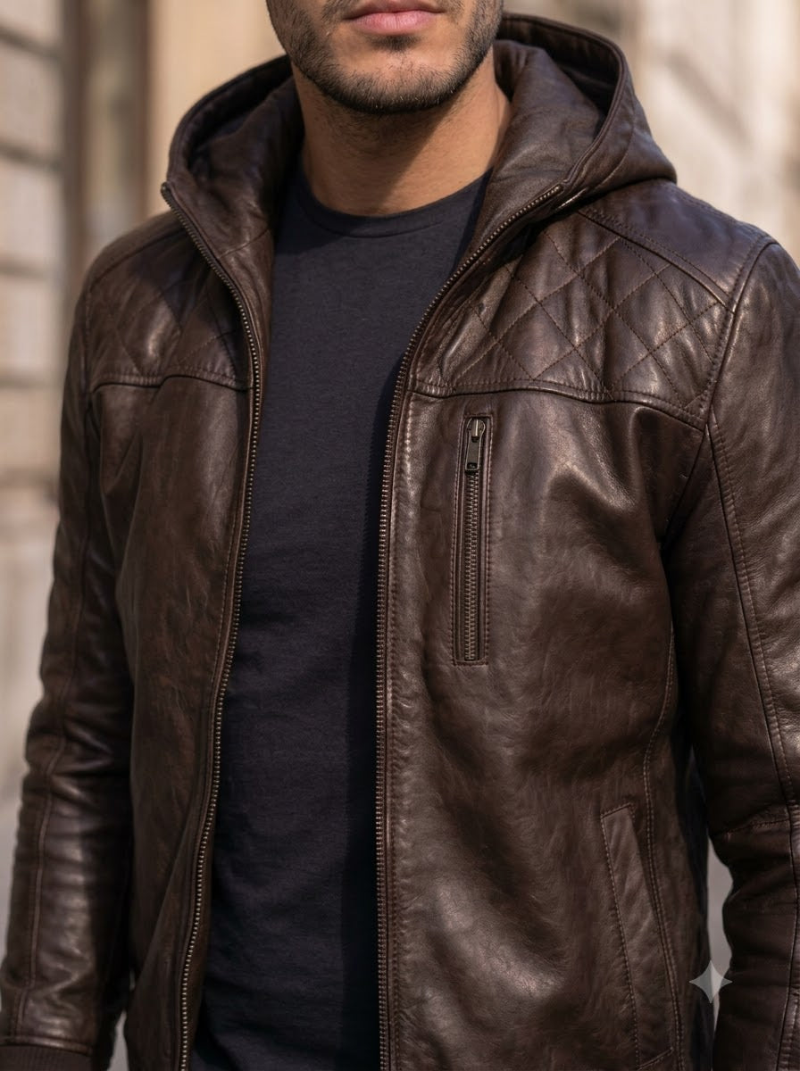 Taj Heritage Urban Explorer Hooded Brown Leather Jacket