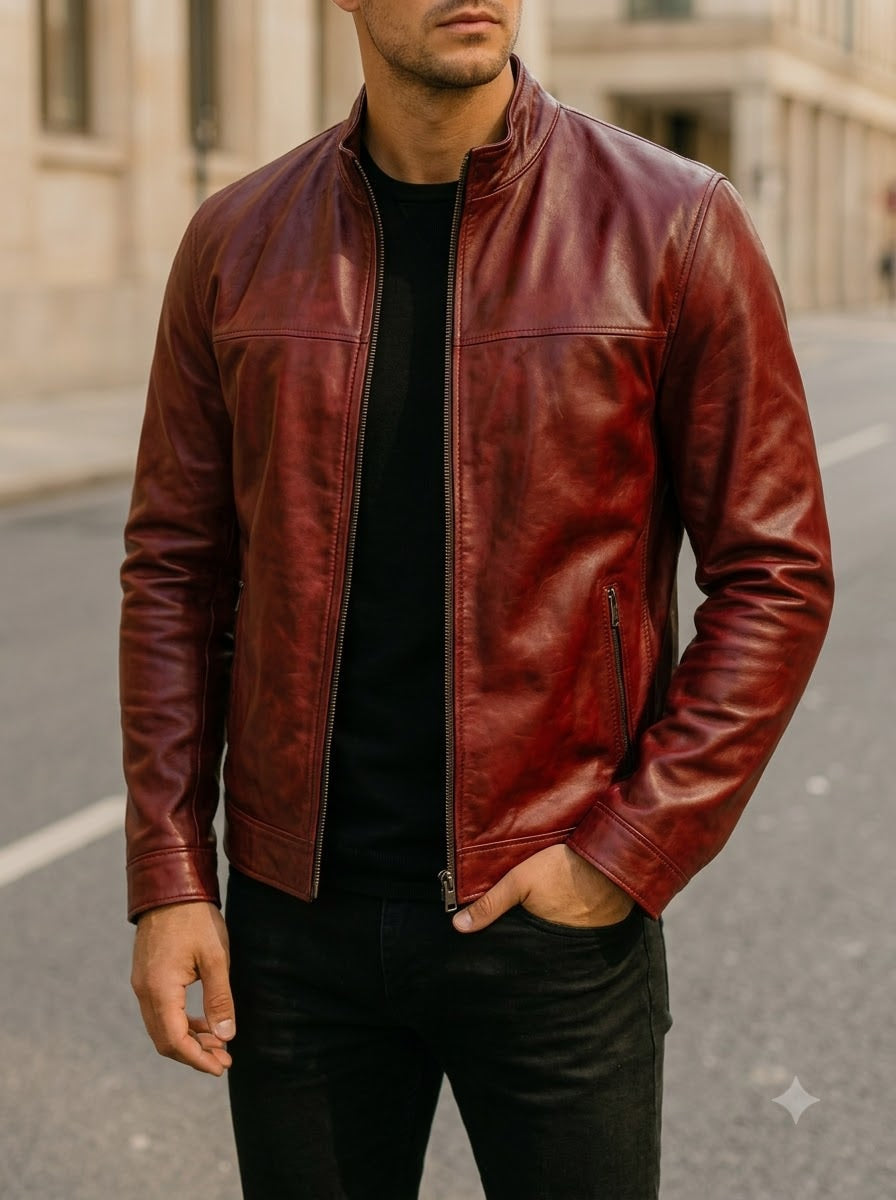 Taj Signature Crimson Cherry Nappa Cafe Racer Jacket