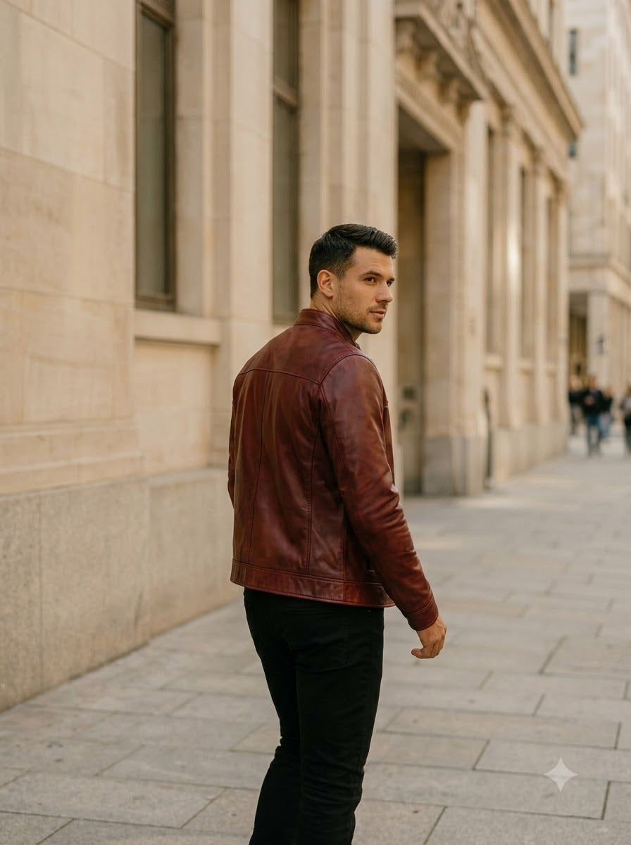Taj Signature Crimson Cherry Nappa Cafe Racer Jacket