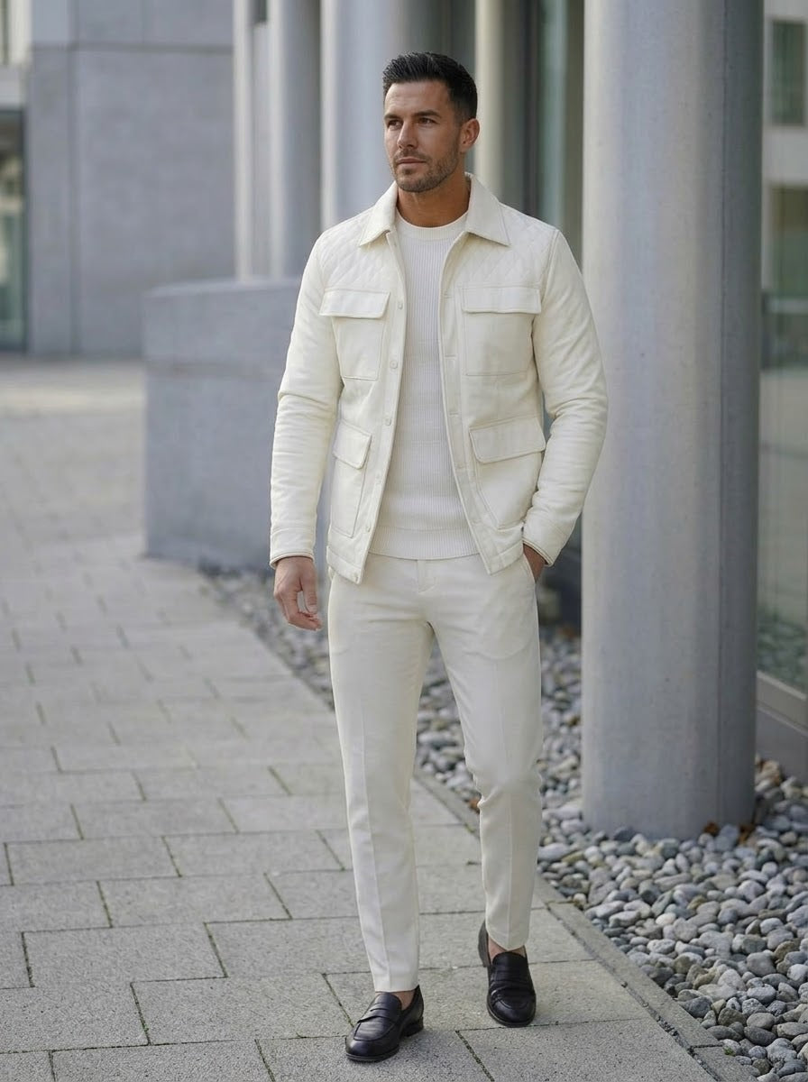 Taj Bespoke St. Tropez Off-White Quilted Leather Overshirt