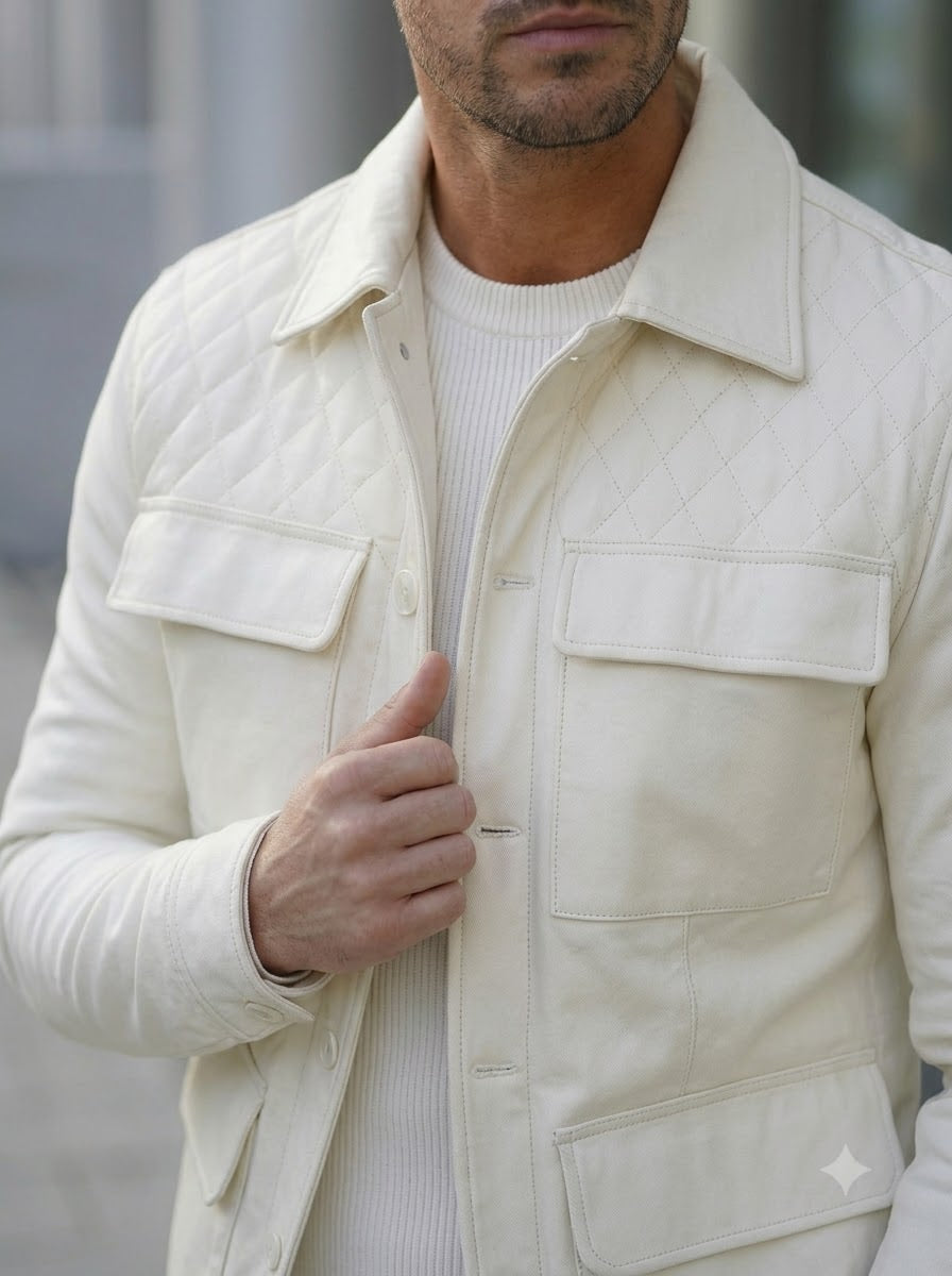 Taj Bespoke St. Tropez Off-White Quilted Leather Overshirt