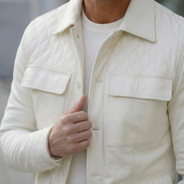 Taj Bespoke St. Tropez Off-White Quilted Leather Overshirt Close-up 3