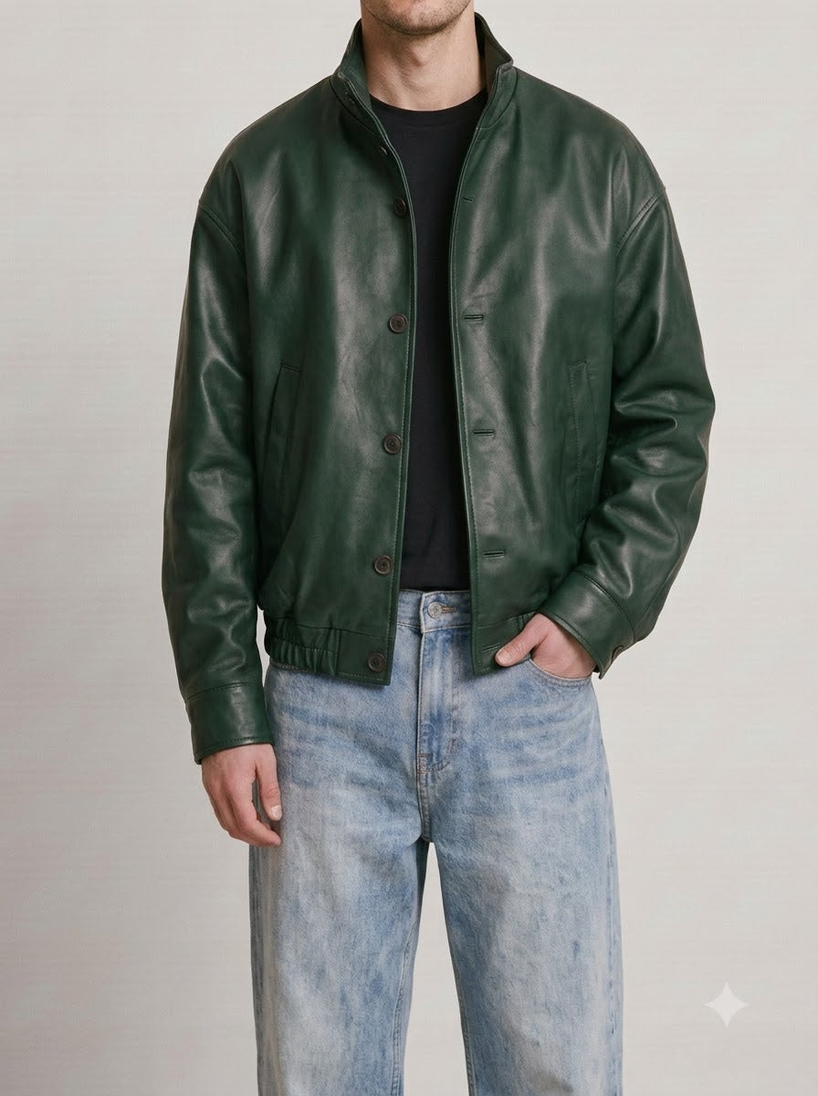 Taj Signature Modena Olive Cafe Racer Leather Jacket - View 1000166117
