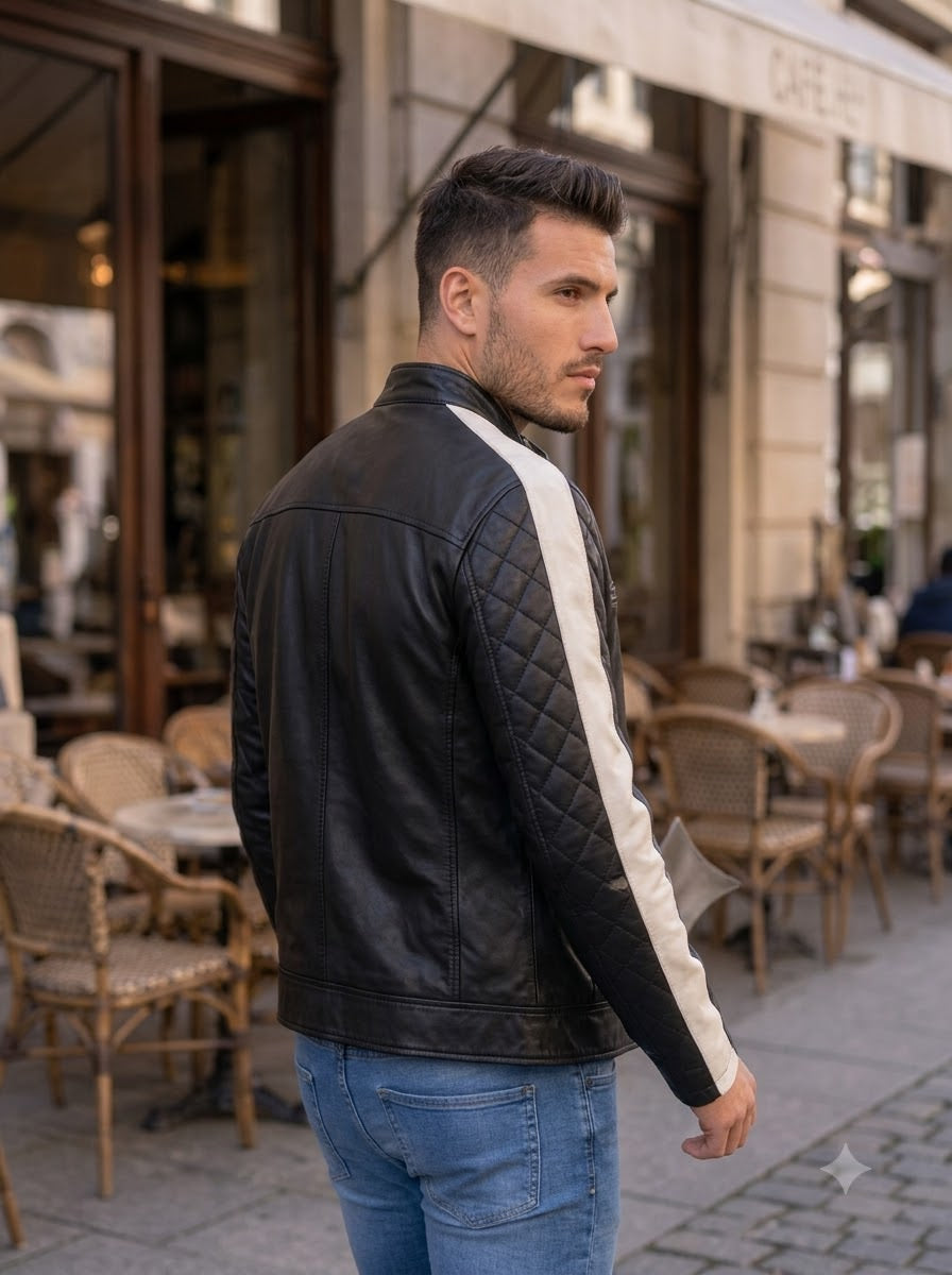 Taj Bespoke Silverstone Biker Jacket with Racing Sleeve Stripe - View 1000166121