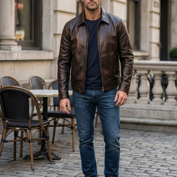 Taj Heritage Verona Antique Burnished Brown Leather Jacket Close-up 2