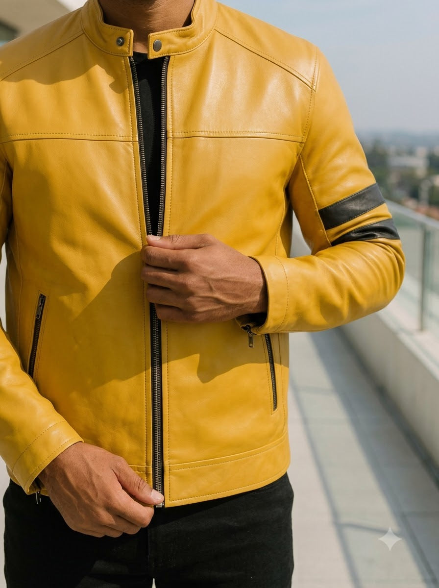 Taj Bespoke Sebring Racing Yellow Leather Jacket - View 1000166135