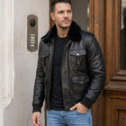 Taj Imperial Alpine Black Aviator Shearling Collar Leather Jacket - View 1000166137
