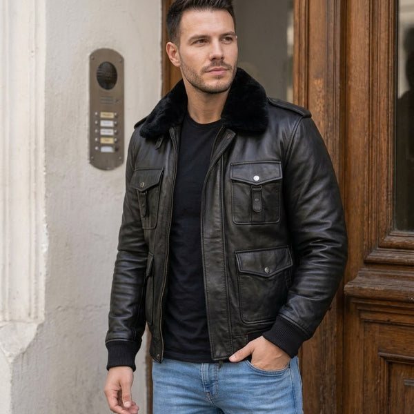Taj Imperial Alpine Black Aviator Shearling Collar Leather Jacket Close-up 1