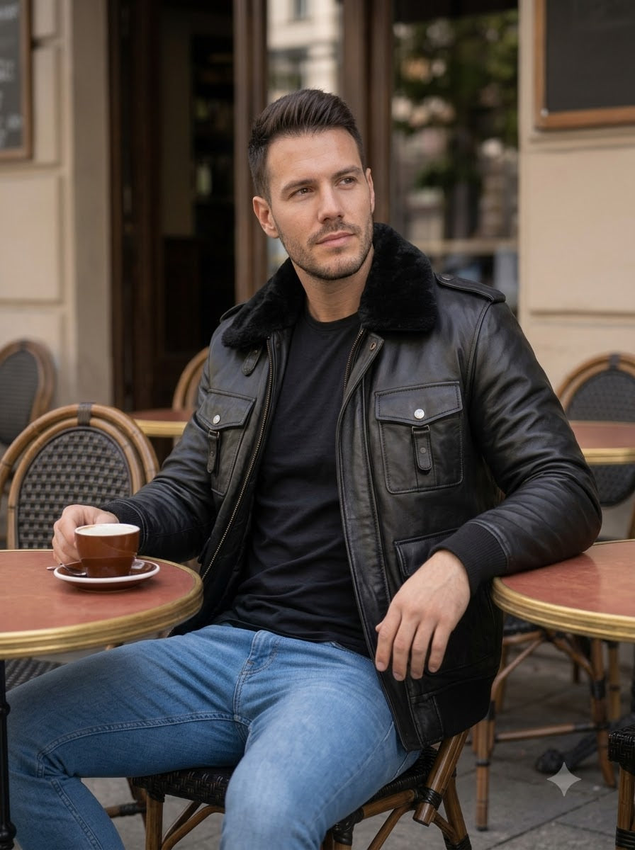 Taj Imperial Alpine Black Aviator Shearling Collar Leather Jacket - View 1000166139