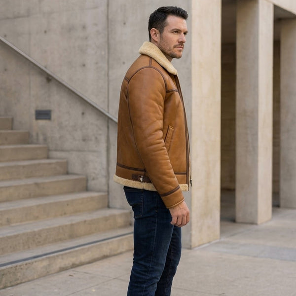 Taj Imperial St. Moritz Tan Aviator Shearling Leather Jacket