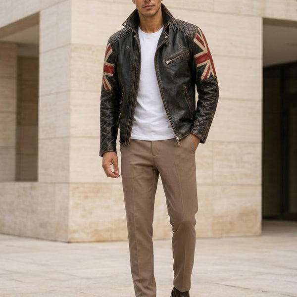 Taj Heritage Britannia Vintage Union Jack Leather Biker Jacket