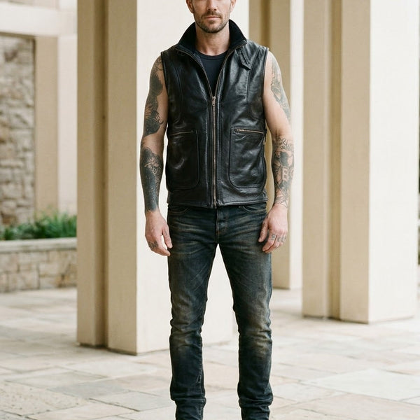 Taj Imperial Biker Crocodile Embossed Hooded Sleeveless Leather Vest