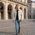 Taj Bespoke Aspen Off-White Sherpa Collar Leather Trucker Jacket