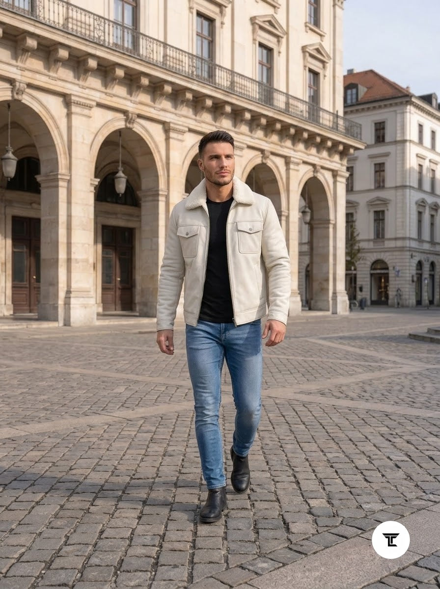 Taj Bespoke Aspen Off-White Sherpa Collar Leather Trucker Jacket