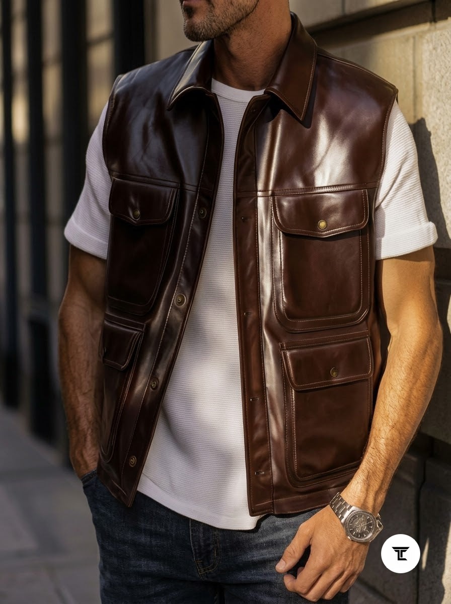 Taj Heritage Ranger Brown Leather Utility Gilet Vest