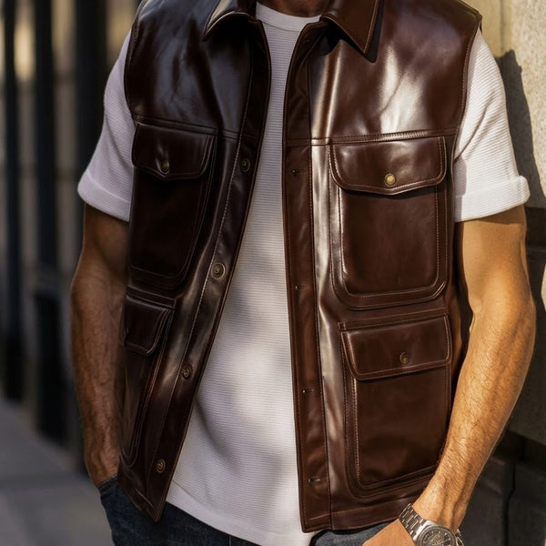 Taj Heritage Ranger Brown Leather Utility Gilet Vest Close-up 3