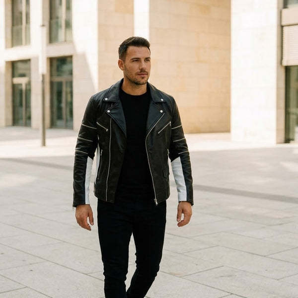 Taj Signature Stealth Black Biker Leather Jacket Close-up 2