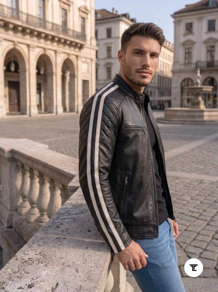 Taj Signature Monza Twin-Stripe Cafe Racer Leather Jacket