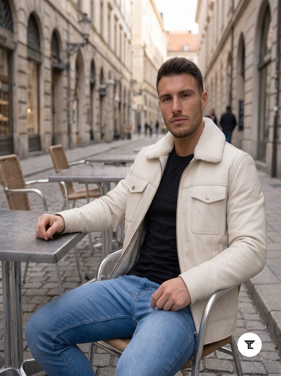 Taj Bespoke Aspen Off-White Sherpa Collar Leather Trucker Jacket