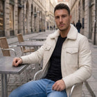 Taj Bespoke Aspen Off-White Sherpa Collar Leather Trucker Jacket
