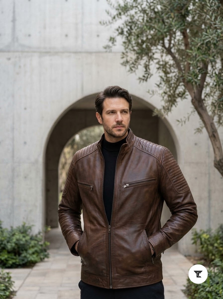Taj Signature Chestnut Diamond-Stitch Cafe Racer Jacket