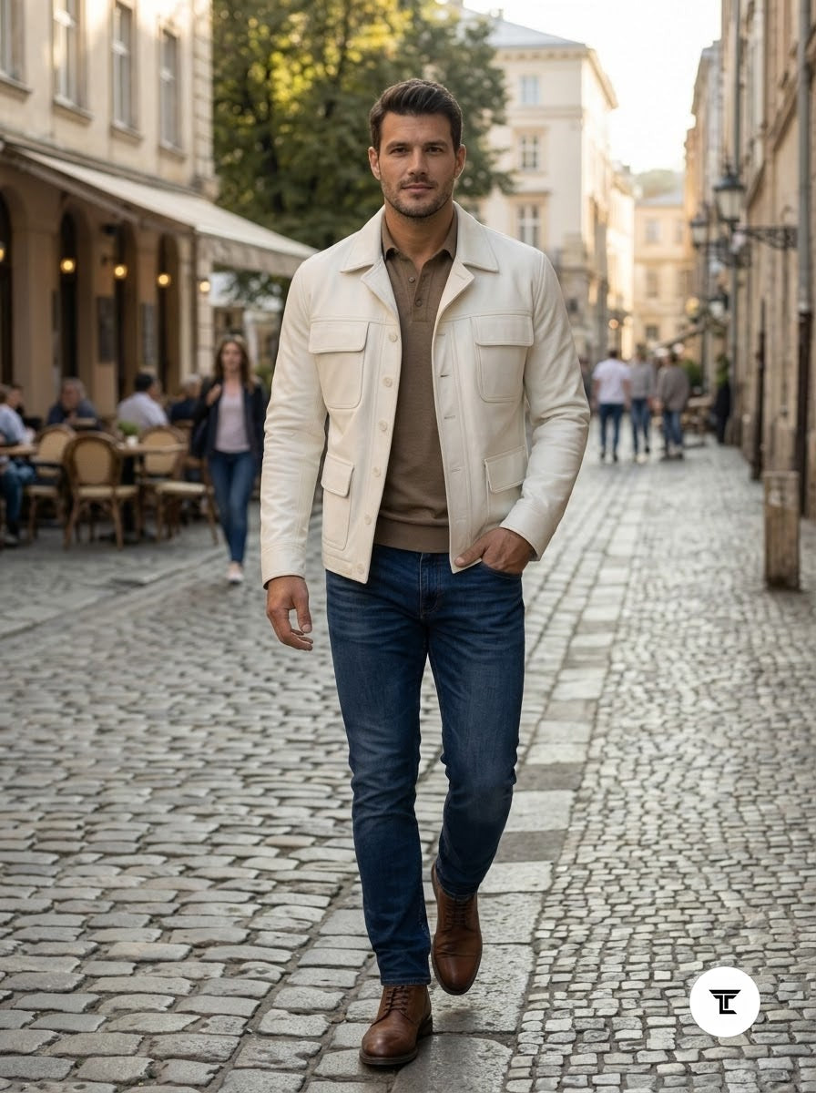 Taj Bespoke St. Moritz Ivory Safari Leather Overshirt