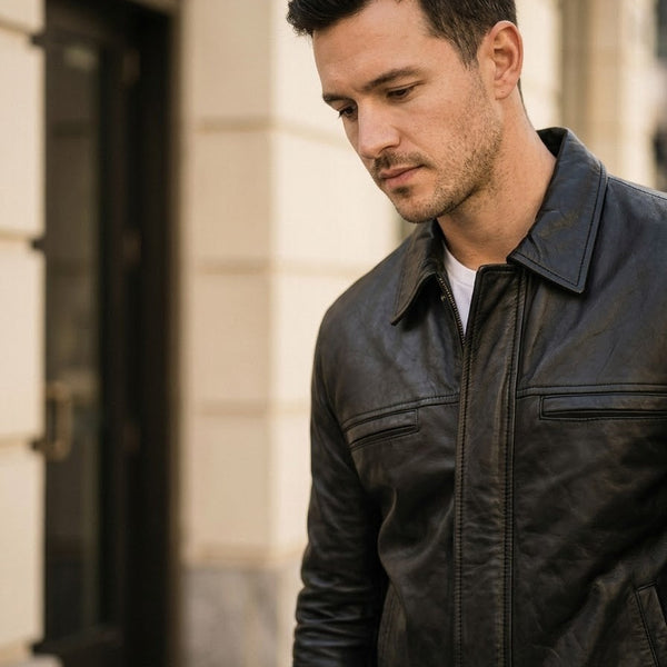 Taj Bespoke Hudson Black Leather Casual Shirt Jacket Close-up 2