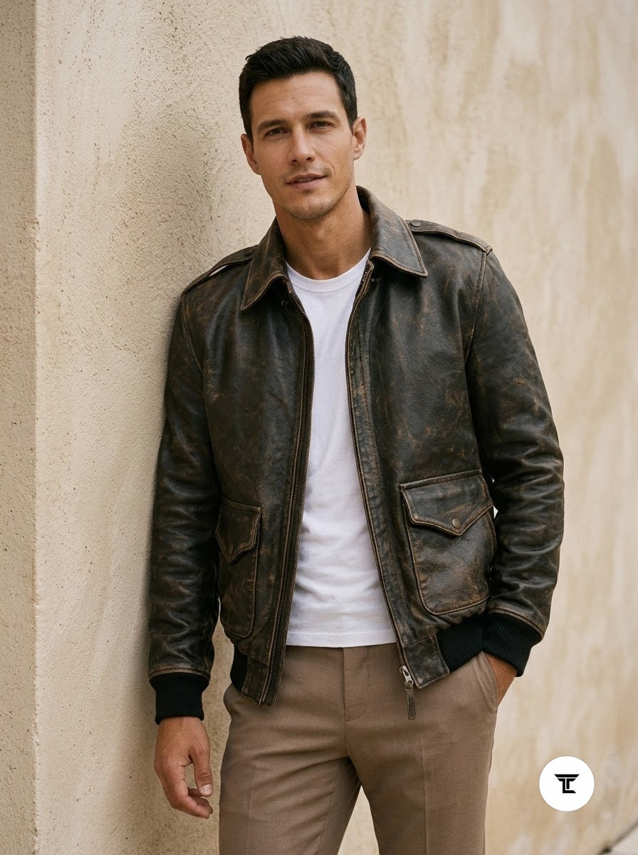 Taj Heritage Vintage Distressed Olive Leather Bomber Jacket