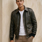 Taj Heritage Vintage Distressed Olive Leather Bomber Jacket