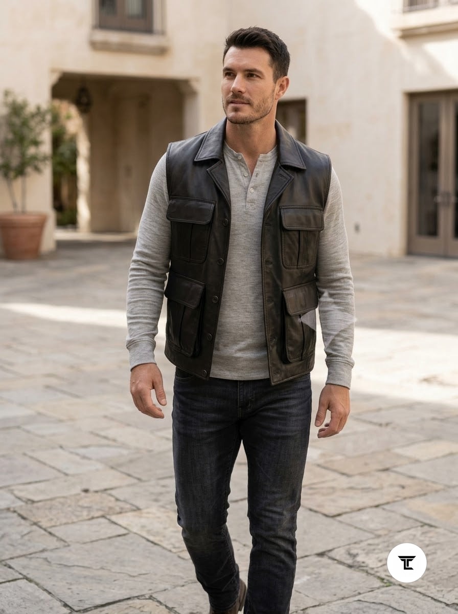 Taj Signature Tactical Black Leather Cargo Utility Vest