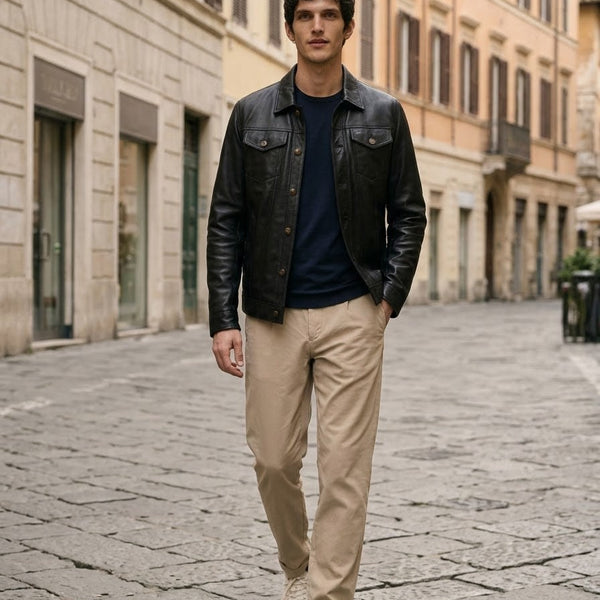 Taj Heritage Austin Classic Black Full-Grain Leather Trucker Jacket